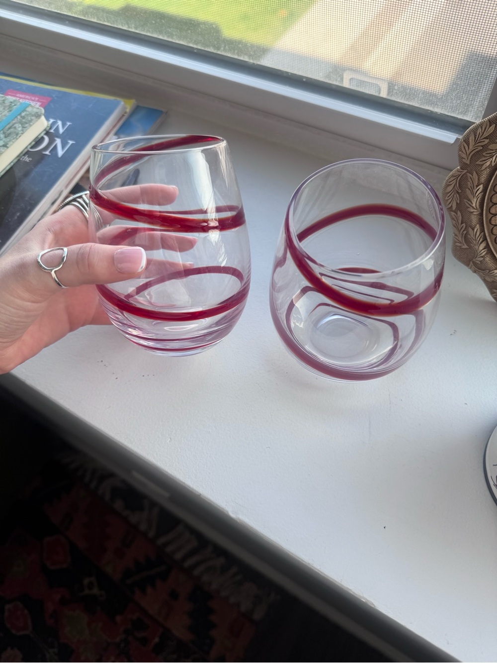 Cost Plus World Market Clear Stemless Glasses with Raspberry Swirl (Set of 2)